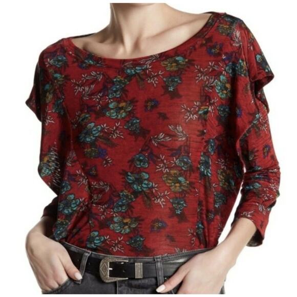 Free People Boho Chic Maroon Ruffle Floral Blouse Sz Small Cottagecore Coquette - Picture 1 of 8